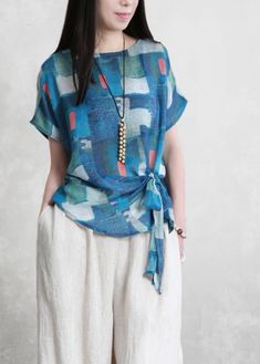 Organic o neck tie waist linen top Cotton blue print top summer Afrikaanse Mode, Colorful Blouses, Pretty Top, Trending Fashion Outfits, Linen Top, Fashion Tops, Modest Fashion, Blouse Designs, Chic Outfits