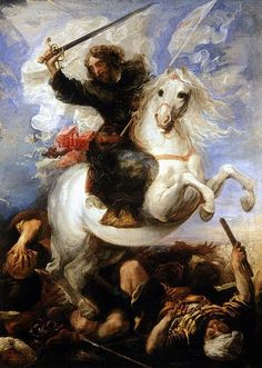 a painting of a man riding on the back of a white horse