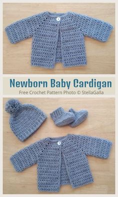 a crocheted baby cardigan is shown in three different sizes and colors, including blue