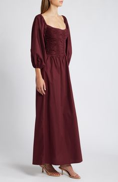 Beautiful, textural shirring articulates the bodice of this A-line maxi dress that's perfect for year-round wear, but its stunning bordeaux hue will make it look gorgeous against the colors of autumn. 46" center front length (size Medium) Hidden back-zip closure Scoop neck Elbow-length sleeves with elastic cuffs Unlined 100% cotton Dry clean or hand wash, dry flat Imported Colors Of Autumn, A Line Maxi Dress, Favorite Daughter, Faithfull The Brand, Sleeve Maxi Dress, Designer Clothes For Men, Modern Outfits, Maxi Dress With Sleeves, Elbow Length Sleeve