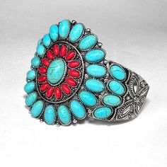 Large Silver, Red and Turquoise Colored Concho Cuff Bracelet - Western Style Boho Chic Jewelry Matching earrings sold separately. Red Bohemian Cuff Bracelet As Gift, Bohemian Red Cuff Bracelet As Gift, Bohemian Style Red Cuff Bracelet As Gift, Vintage Red Bracelets For Festival, Handmade Southwestern Red Cuff Bracelet, Handmade Red Southwestern Cuff Bracelet, Red Southwestern Cuff Bracelet Gift, Red Southwestern Cuff Bracelet As Gift, Southwestern Red Festival Jewelry