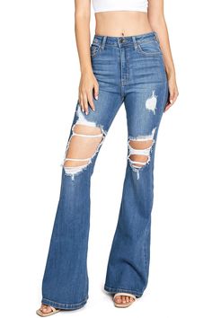 High Rise: 11 inSuper high waist jeans with a classic denim feel and distressing on the legs. Traditional 5-pocket construction with zip fly and button closure. Decent stretch in denim with a flattering fit! CARE | Machine Wash Cold CONTENTS | 93% Cotton 5% Polyester 2% Spandex MEASUREMENTS | 44"/112 cm Top to Bottom 3 Distressed Flare Jeans, Acid Wash Jeans, Black Accessories, Cute Jeans, Waist Jeans, Deep Black, High Rise Denim, Country Outfits, Kimonos