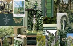 a collage of green and white images with trees, buildings, plants, and an old typewriter