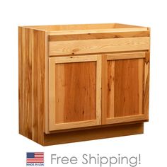 a wooden cabinet with the words free shipping on it