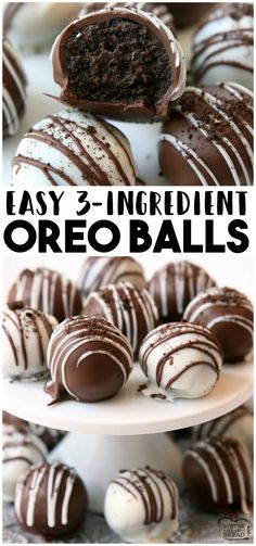 chocolate covered oreo balls are stacked on a white plate with the words easy 3 - ingredient