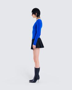 A baddie never has to do too much 💙 Effortlessly serve looks in any room you walk into wearing this chic two-piece set featuring a blue long sleeve top and a black twill mini skirt 😚 Trendy Blue Mini Skirt For Fall, Blue Mini Skirt For Workwear In Fall, Blue Mini Skirt For Fall Workwear, Blue Fitted Mini Skirt For Winter, Trendy Blue Mini Skirt For Night Out, Elegant Blue Mini Pleated Skirt, Blue Fitted Mini Pleated Skirt, Blue Pleated Flared Mini Skirt, High Waist Blue Pleated Mini Skirt