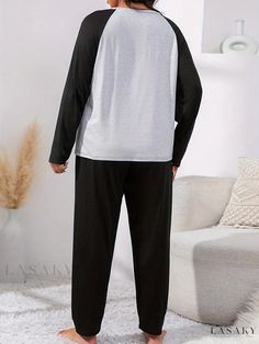 Lasaky - Plus Size Womens Colorblock Leopard Heart Print Loungewear Set - Comfortable Two Piece Pajama Set with Long Sleeve Round Neck Top & Pants Casual Patchwork Sets For Loungewear, Casual Loungewear Sets With Patchwork, Cotton Patchwork Sets For Loungewear, Casual Black Sets For Relaxation, Black Long Sleeve Sleepwear For Relaxation, Black Loungewear Set With Long Pants, Coffee Slogans, Round Neck Top, Comfy Pants