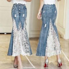 Free Shipping New Fashion Long Maxi Denim And Lace Patchwork Fish Tail Skirt For Women S-2XL Mermaid Style Summer Skirt JKP2916 Återvinna Jeans, Jeans Long Skirt, Vestiti In Jeans, Mermaid Skirts, Long Skirt Summer, Skirts Summer, Denim Ideas, Denim Crafts, Lace Mermaid