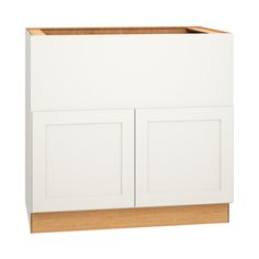 a white cabinet with two doors on the front and one door open to reveal a drawer