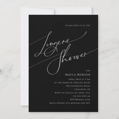 a black and white wedding shower card with the word, linger on it in cursive