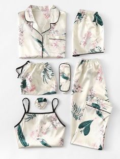 7pcs Floral Print Satin Pajama Set Beige Elegant    Floral,Plants Pant Sets Non-Stretch All,Fall/Winter Women Sleep & Lounge, size features are:Bust: ,Length: ,Sleeve Length: Pijamas Women, Pyjama Satin, Shein Brasil, Cute Sleepwear, Satin Sleepwear, Homewear Fashion, Cute Pajamas, Satin Pyjama Set, Satin Pajamas