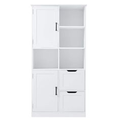 a white bookcase with two drawers and one door