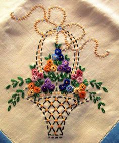 an embroidered piece of cloth with flowers on it