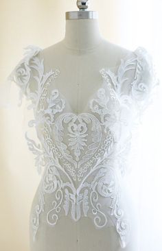 Ivory White Embroidery Lace Fabric Berta lace applique | Etsy White Lace Dress With Lace Bodice, White Gown With Scalloped Lace And Fitted Bodice, White Embroidered Fabric With Lace Trim, Fitted White Embroidered Fabric With Lace Trim, White Embroidered Fitted Fabric With Lace Trim, White Fitted Gown With Lace Trim, Fitted White Gown With Lace Trim, Fitted Bodice Lace Dress, Fitted Lace Gown With Lace Patchwork