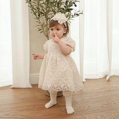 ♡ 70% Cotton 30% Polyester ♡ Gentle on baby's skin ♡ Comfortable dress: could be worn for formal events & daily wear ♡ Bonnet sold separately ♡ Made in Korea Elegant Short Sleeve Baptism Dress For Party, Cream Princess Dress For Baptism, Elegant Short Sleeve Baptism Party Dress, Cream Baptism Dress With Short Sleeves, Elegant Fitted Baptism Dress For Dress-up, Cream Short Sleeve Baptism Dress, Cream Short Sleeve Dress For First Communion, Vintage Lace Baptism Dress, Vintage Lace Baptism Dress In Cream