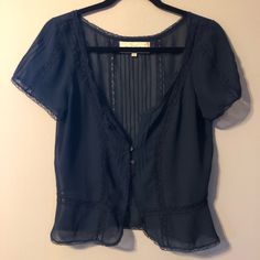 Elegant And Sexy Sheer Blouse With Lace Accents. Looks Great With A Bandeau Or Tank Top Underneath. Never Worn. Sheer Fitted V-neck Blouse, Elegant Blue Sheer Blouse, Fitted Sheer V-neck Top, Elegant Blue Sheer Tops, Blue Sheer Top For Evening, Sheer Fitted Blouse For Daywear, Fitted Sheer Blouse For Daywear, Blue Fitted Sheer Blouse, Chic Sheer Blue Blouse