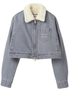 Miu Miu shearling-collar Denim Jacket - Farfetch Miu Miu Long-sleeved Outerwear With Pockets, Miu Miu Long Sleeve Outerwear With Pockets, Grey Denim Jacket, Blouson Jacket, Boucle Jacket, Jeans Casual, Van Cleef Arpels, Embroidered Denim, Grey Denim