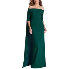 Color/Pattern: Forest Approximately 47.5in From Shoulder To Hem Design Details: Cape, Off The Shoulder Cuff Center Back Zipper This Item Is Lined Shell: 96% Polyester 4% Spandex Lining: 100% Polyester Dry Clean Only Imported Green Off-shoulder Formal Gown, Green Dress For Gala, Green Sheath Maxi Dress For Formal Occasions, Green Off-shoulder Gala Dress, Green Off-shoulder Dress For Gala, Elegant Green Off-shoulder Maxi Dress, Green Evening Dress For Dinner, Elegant Green Off-shoulder Dress, Green Floor-length Dress For Dinner