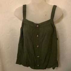 Express Tank With Tortoise Buttons Nwt Size Xl In Olive Green Casual Khaki Tops For Beach, Khaki Tops For Spring Vacation, Green Rayon Beach Top, Casual Rayon Tank Top, Boho Lounge, Linen Crop Top, Lace Babydoll, Purple Tank Top, Purple Tank