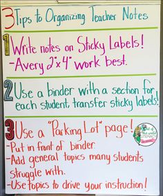 a whiteboard with three tips to organize teacher notes