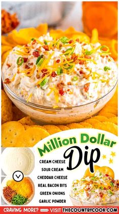 an advertisement for a restaurant called million dollar dip with cheese and bacon bits on top