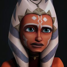 an animated character with blue eyes and white hair, wearing a star wars costume on her head