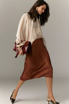 The Tilda Slip Skirt: Shine Edition | Anthropologie Slip Skirt Outfit, Anthro Style, Dark Autumn, Satin Short, Simply Chic, Slip Skirt, Midi Skirts, Trendy Clothes For Women, Lovely Dresses