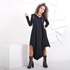 Casual Asymmetrical Fall Dresses, Casual Asymmetrical Dress For Fall, Fall Lagenlook Dress With Asymmetrical Hem, Black Long Sleeve Asymmetrical Casual Dress, Casual Black Asymmetrical Long Sleeve Dress, Casual Black Long Sleeve Asymmetrical Dress, Casual Winter Dress With Asymmetrical Hem, Casual Asymmetrical Hem Winter Dress, Fall Lagenlook Dresses With High-low Hem