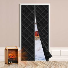 an open door with a fireplace in it