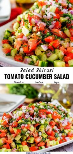 salad with tomatoes, cucumber and dill in it on a white plate