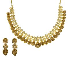 22K Yellow Gold Uncut Diamond Antique Temple Necklace Set W/ 9.39ct Uncut Diamonds & Laxmi Accents - Virani Jewelers Luxury Temple Jewelry With Cut Dana, Gold Necklace And Earrings Set, Uncut Diamond Necklace, Temple Necklace, Yellow Gold Necklace, Gold Bead Necklace, Necklace And Earrings Set, Uncut Diamond, Necklace And Earrings