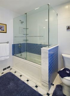 a bathroom with blue and white tile on the floor, shower, toilet and rug