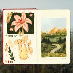 an open book with pictures of flowers and mountains