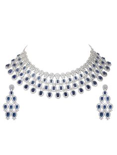 Introducing our exquisite Rhodium Plated American Diamond Zircon Blue Necklace Set, a stunning adornment crafted for the modern woman who appreciates elegance and sophistication. This enchanting set features a meticulously designed necklace accompanied by matching earrings, perfect for any special occasion or evening soiree. The centerpiece of this captivating set is the intricately crafted necklace, adorned with dazzling American diamonds and sparkling blue zircon stones, exuding a timeless charm and glamour. Each stone is carefully set in a rhodium-plated base, enhancing its brilliance and ensuring long-lasting shine. Designed with meticulous attention to detail, the necklace boasts a sophisticated arrangement of stones, forming an intricate pattern that gracefully accentuates the neckli Elegant Sapphire And Diamond Jewelry Sets, Blue Diamond Necklace For Wedding, Elegant Blue Diamond Necklace For Wedding, Formal Sapphire Crystal Jewelry Sets, Elegant Blue Diamond Jewelry Sets, Formal Sapphire Diamond Jewelry Sets, Fine Jewelry Sets With Diamonds In Blue, Blue Diamond Jewelry Sets With Diamond Accents, Blue Diamond Jewelry Sets With Accents