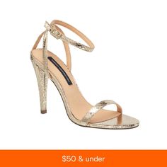 in stock Elegant Gold T-strap Sandals With Open Toe, Elegant Open Toe Heels With Gold-tone Hardware, Gold Open Toe T-strap Sandals With Heel Strap, Gold Open Toe Slingback Sandals With 4-inch Heel, Gold Synthetic Sandals With 4-inch Heel, French Connection, Dress Sandals, Jewelry Rings Engagement, Ankle Strap Sandals