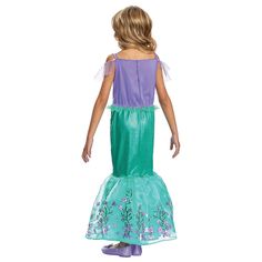 Become the adventurous and brave Ariel from the Disney animated movie, The Little Mermaid! Our Ariel Deluxe Child Costume includes a pretty Dress that has a purple bodice with sheer sparkle shoulder accents and a green mermaid skirt with a beautiful fin ruffle. Printed delicate sea vines and purple flowers cover the fin hemline. An attached Ariel character Cameo decorates the neckline! Care Instructions: Hand wash cold water with mild soap. Tumble dry low. For best results hang or lay flat to dr Kids Little Mermaid Costume, Ariel The Little Mermaid Costume Kids, Ariel Dress Costume, Ariel Costume Kids, Ariel Pink Dress For Kids, Women’s Ariel Costume, Princess Ariel Dress Kids, Ariel Costume, Ariel Costumes