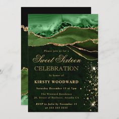 an elegant green and gold birthday party card with glitter on the edges, in front of a marble background