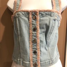 Woman’s Nwt 7 For All Mankind Blue Washed Denim Bustier Tank Top With Multi Color ( Pink Stands Out) Fringe Button Closure. Good Stretch To It. There Are Matching Pants To It Floating Around. Vintage Denim Blue Cotton Top, Cheap Distressed Button-up Denim Top, Blue Distressed Button-up Denim Top, Luxury Denim Blue Button-up Denim Top, Distressed Denim Blue Button-up Top, Denim Bustier, Kurt And Courtney, Good Stretches, Pearl Jam