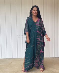 "DETAILS * Oversized * Bust/Waist/Hips 32\" wide, circumference 64\" * Approx. 40\", 50\", or 56\" long from shoulder to hem * V neckline both front & rear * Loose silhouette * Side slits * Slipover style * Rayon fabric with hand tie dye * Gentle machine wash with low heat dry, first wash separately * Model tall 5'4\"/164 cm. wearing 50\" * Style A" Green Batik Print Kaftan For Beach, Green Flowy V-neck Kimono, Green Batik Print Maxi Dress For Beach, Green Batik Print Dress For The Beach, Green Batik Print Kaftan For Summer, Summer Green Batik Print Kaftan, Green Summer Kaftan With Batik Print, Green Long Free Size Cover-up, Green Free Size Long Cover-up