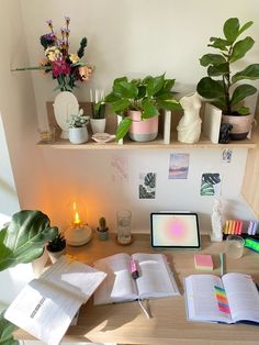 an open book sitting on top of a wooden desk next to a laptop computer and potted plants