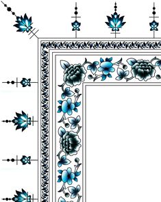 an ornate frame with blue flowers and leaves on the border is shown in this drawing