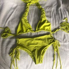 Nwt Lime Green/Chartreuse Bikini Super Soft Top Medium And Bottom Small But Bottoms Adjustable Neon Yellow Swimwear For Spring Beach Outing, Neon Yellow Swimwear For Spring Beach, Neon Yellow Swimwear For Summer Party, Yellow Triangle Top Swimwear With Stretch, Neon Yellow Fitted Triangle Top Swimwear, Fitted Lime Green Swimwear For Vacation, Fitted Neon Yellow Triangle Top Swimwear, Neon Yellow Party Swimwear For Summer, Summer Party Neon Yellow Swimwear