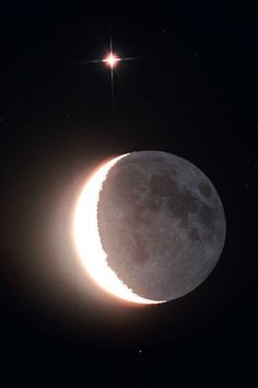 the moon is seen in front of an object that appears to be half - moon