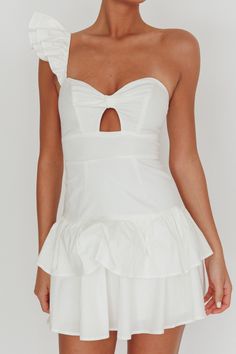 Shop the Tea Time One Shoulder Ruffle Mini Dress White | Selfie Leslie Selfie Leslie, Brunch Dates, Veil Hairstyles, Mini Dress White, Lace Bodycon Dress, Ruffle Mini Dress, Versatile Dress, Basic Dress, Iron Material