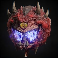 a demonic mask with glowing eyes and horns