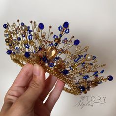 Gold And Blue Crown, Diadem Wedding, Blue Tiara, Handmade Crown, Tiara Gold, Beaded Crown, Crown Gold, Gold Tiara, Blue Crown