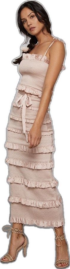 Feminine Ruched Ruffle Dress Fitted, Feminine Fitted Ruched Ruffle Dress, Feminine Knee-length Ruffle Dress, Chic Pink Midi Dress With Ruffled Skirt, Spring Ruched Ruffle Midi Dress, Feminine Ruched Midi Dress With Ruffled Straps, Flirty Stretch Midi Dress With Ruffles, Flirty Pink Ruched Ruffle Dress, Chic Pink Tiered Midi Dress