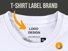 a t - shirt label is shown with an orange arrow pointing to the logo on it