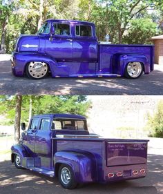 two pictures of an old purple truck with chrome rims, and the same color