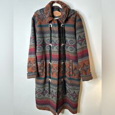 Woolrich Vintage Nordic Navajo 8718 Long Coat Blanket Southwestern Chimayo Large. Chest 48" Length 44". This Coat Has Been Dry Cleaned. Minor Pilling. See Close Up Photos Of Fabric. Thrift Inspo, Close Up Photos, Long Coat, Black Red, Close Up, Black And Red, Jackets & Coats, Jackets For Women, Red